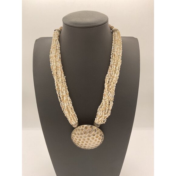 Beaded Multistrand Necklace With Hammered Silver Tone Pendant - Picture 1 of 4